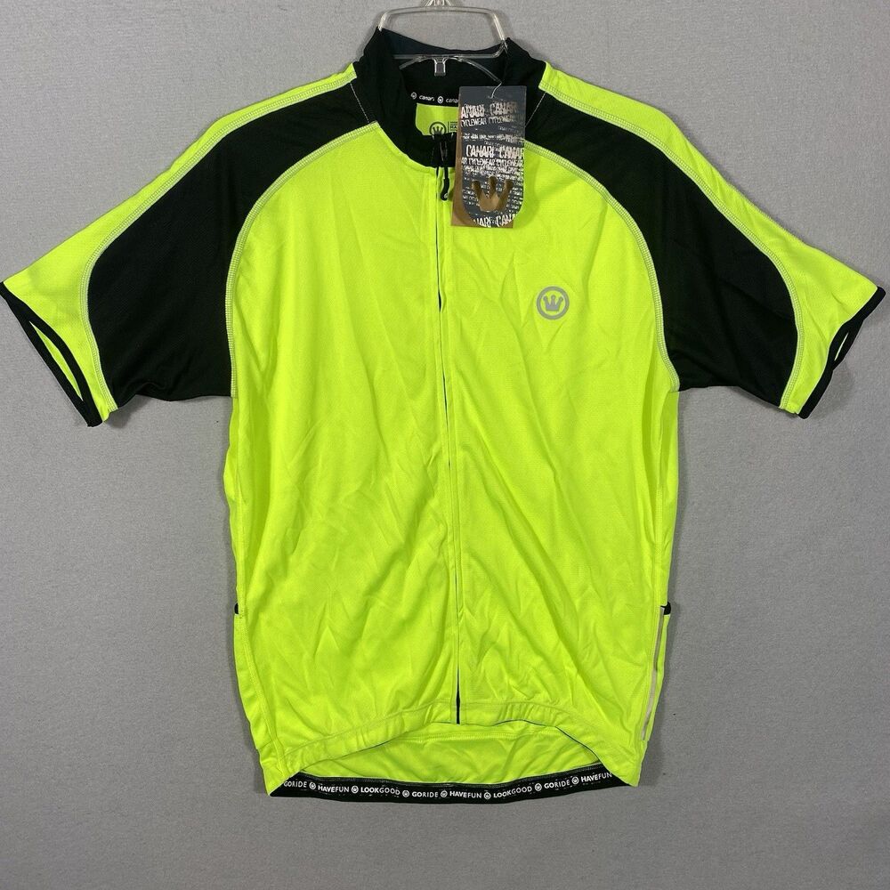 Canari Cycling Jersey Mens Sz M Neon Safety Green Yellow Short Sleeve Full Zip